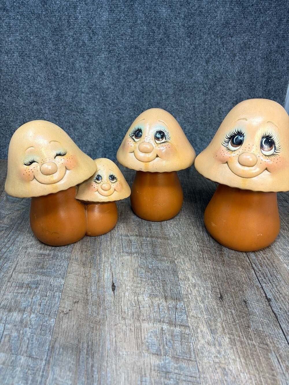 Vtg Smiling Merry Mushroom Ceramic Figurine SET of 3 Hand Painted Anthromorphic